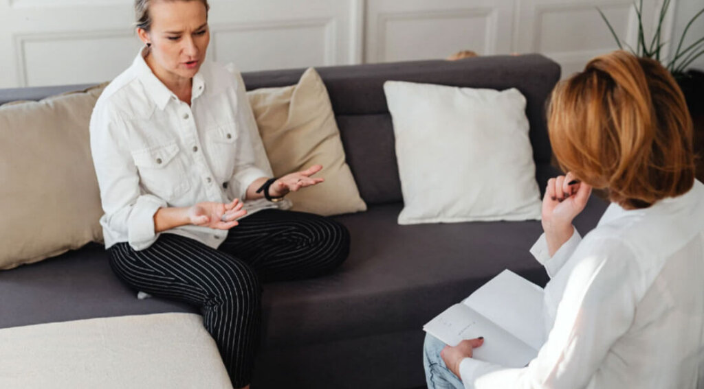 Two women having a one-on-one counseling session, sitting on a couch and talking with a notebook.