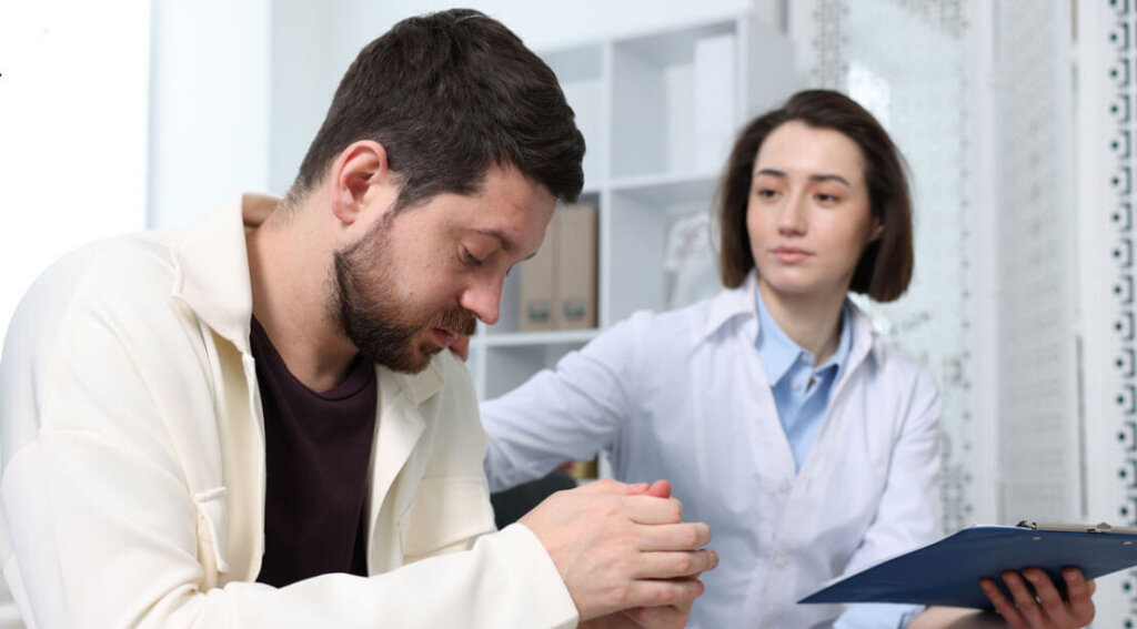 A counselor offering support to a man who looks down, appearing thoughtful and emotional during therapy.